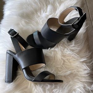 4 inch black wrap around heels with thick heel
